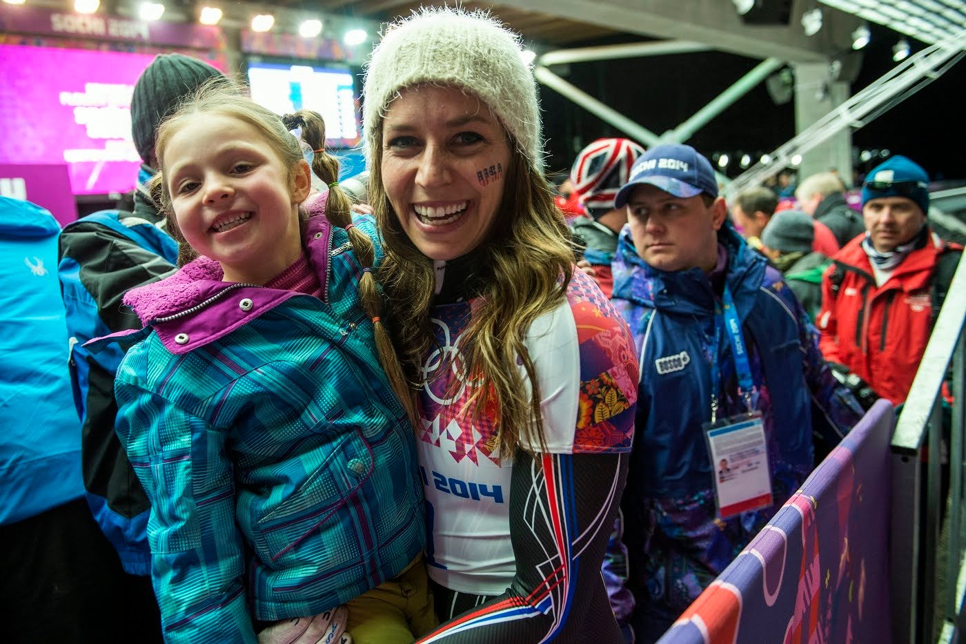 KRASNAYA POLYANA, RUSSIA - JANUARY 14:
Noelle Pikus-Pace and her daughter Lacee, 6, after winning the silver medal in the women's skeleton competition at Sanki Sliding Center during the 2014 Sochi Olympics Friday February 14, 2014. Pikus-Pace finished with a time of 3:53.86.
(Photo by Chris Detrick/The Salt Lake Tribune)